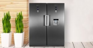 Dark metal twin refrigerator in a minimalist setting with plants.