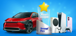 Snapp! Pay "Winners League" promotion featuring a red Toyota bZ4X, a trophy, PlayStation 5, Xbox Series S, and a pink iPhone.