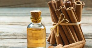 Cinnamon sticks and cinnamon essential oil representing warm fragrance notes in perfume