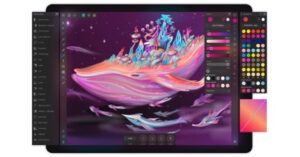 Digital painting application interface on an iPad showing a fantastical whale illustration.