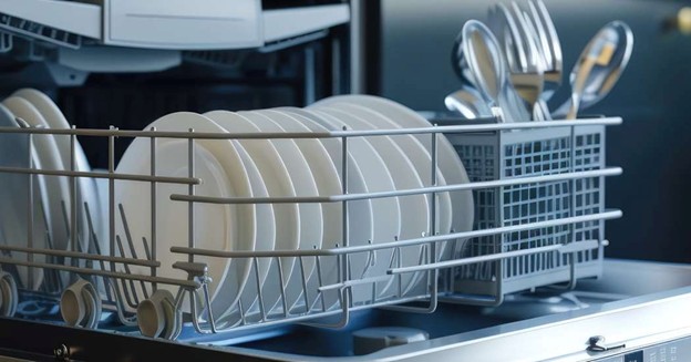 Clean dishes neatly arranged inside a dishwasher rack after a wash cycle
