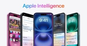 Apple Intelligence feature showcase on multiple iPhones displaying AI-powered apps and interface
