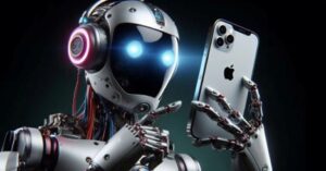 Futuristic robot holding iPhone, representing artificial intelligence and smart technology
