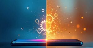 smartphone performance comparison showing slow vs fast speed with gears and glowing effects