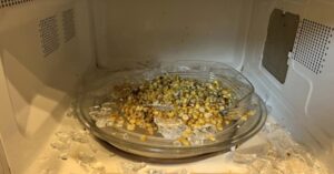 glass dish shattered in microwave with corn unsafe cookware microwave accident example