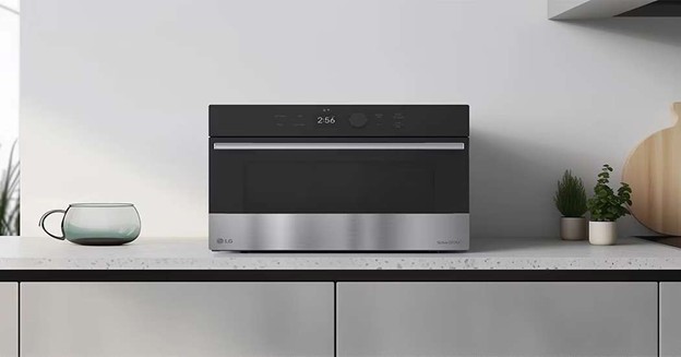 LG Solardom microwave oven on modern kitchen counter with minimalist decor and digital display
