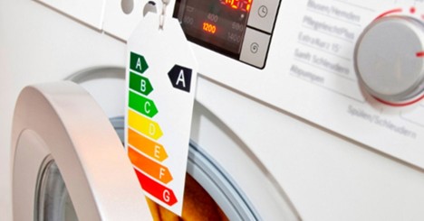 Washing machine with energy efficiency rating label displaying class A to G

