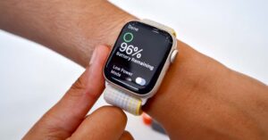 Apple Watch battery status showing 96 percent remaining on wrist
