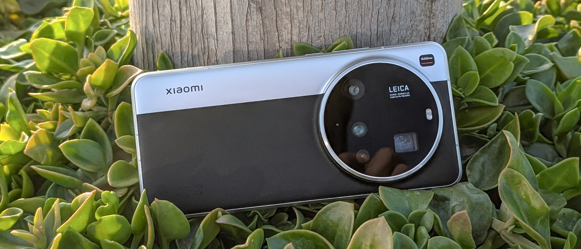 Xiaomi Ultra smartphone with Leica camera system showcased outdoors among green plants and natural light. 
