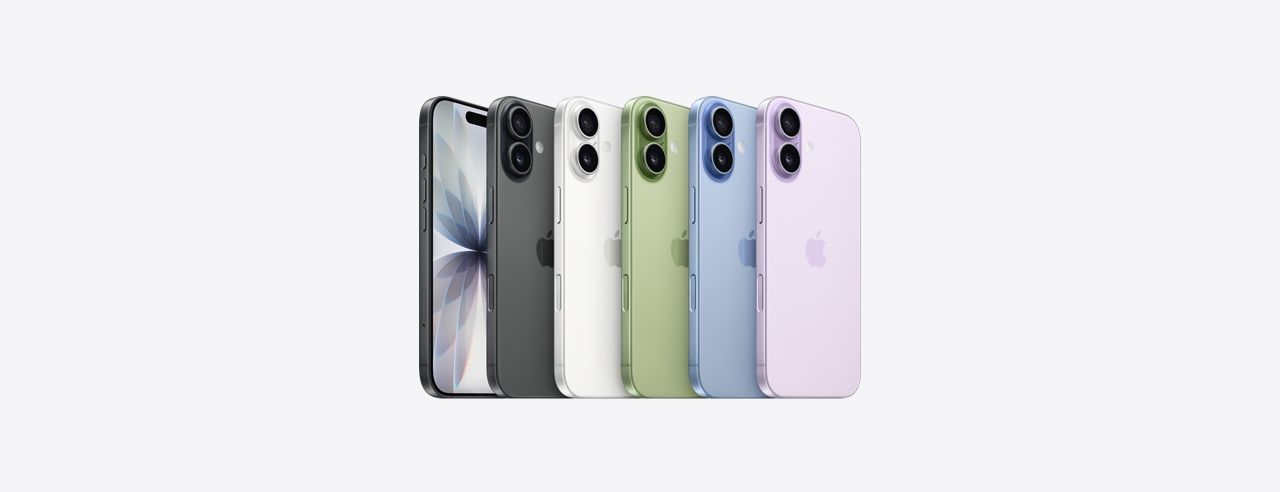 iPhone 17 color options in black, white, green, blue, and purple. 