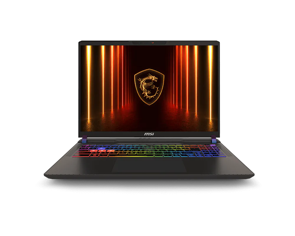 MSI gaming laptop with RGB backlit keyboard displaying a dragon logo on the screen