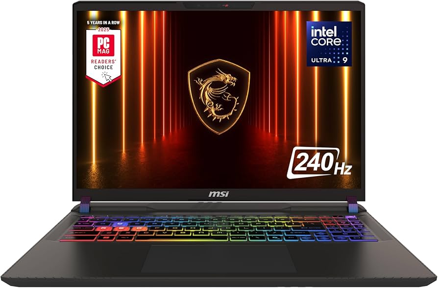 MSI Vector 16 HX AI gaming laptop with 240Hz display, Intel Core Ultra processor and RGB keyboard.