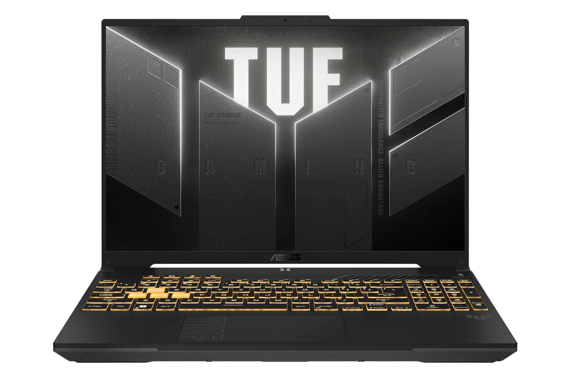 ASUS TUF gaming laptop with amber backlit keyboard and TUF Gaming logo on the screen