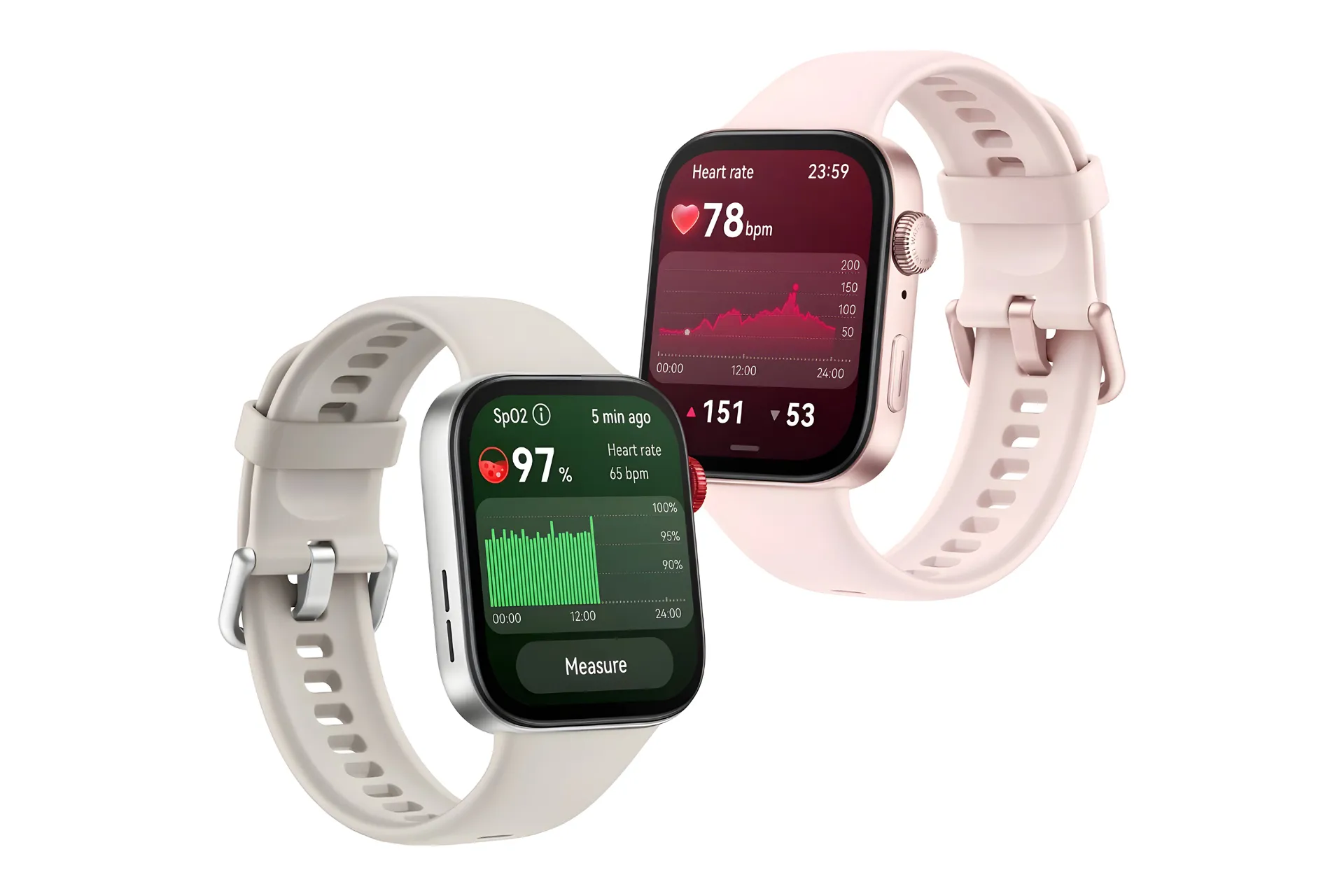 Two rectangular smartwatches showing heart rate and blood oxygen tracking 