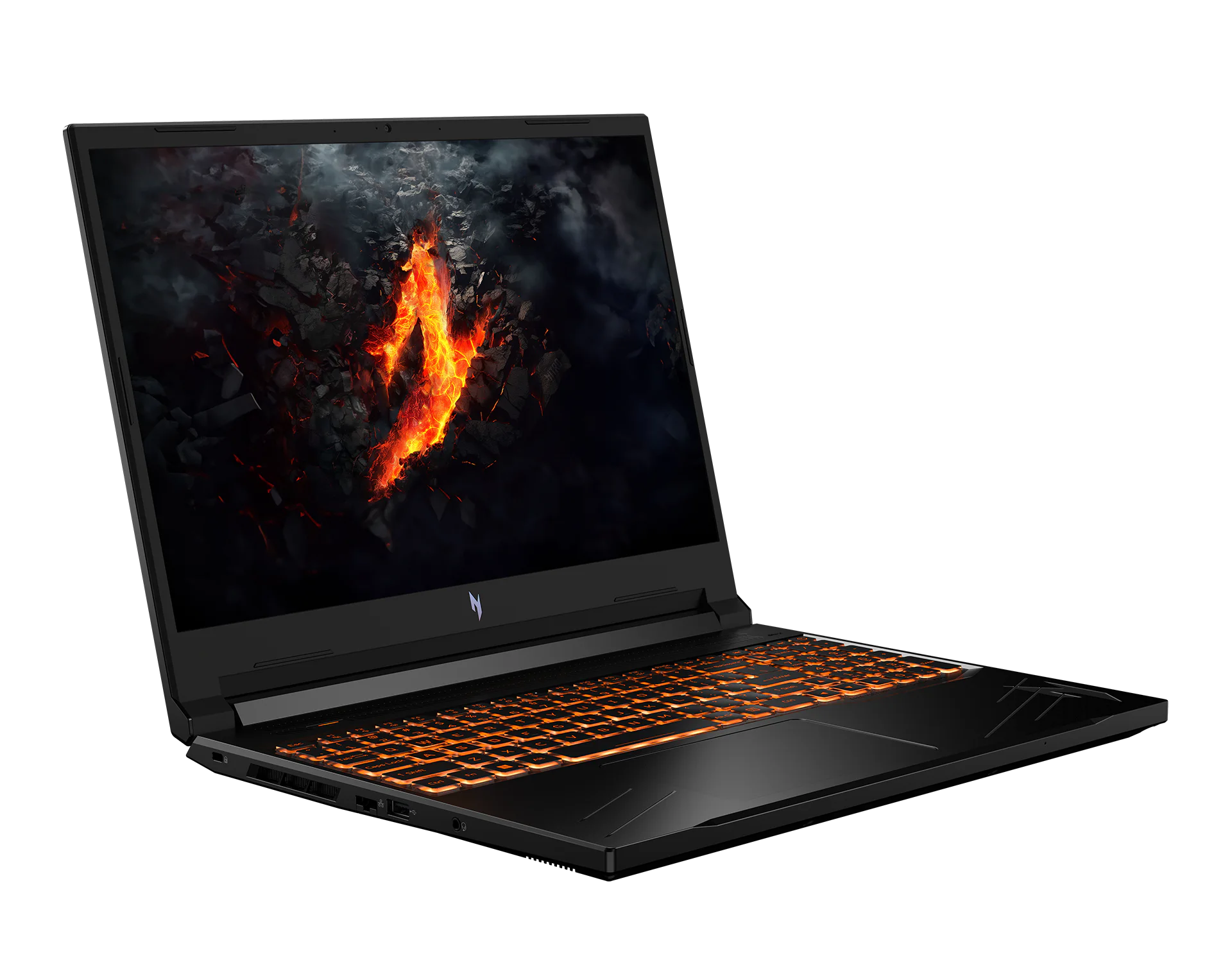 Acer Nitro gaming laptop with orange backlit keyboard and fiery logo on the screen