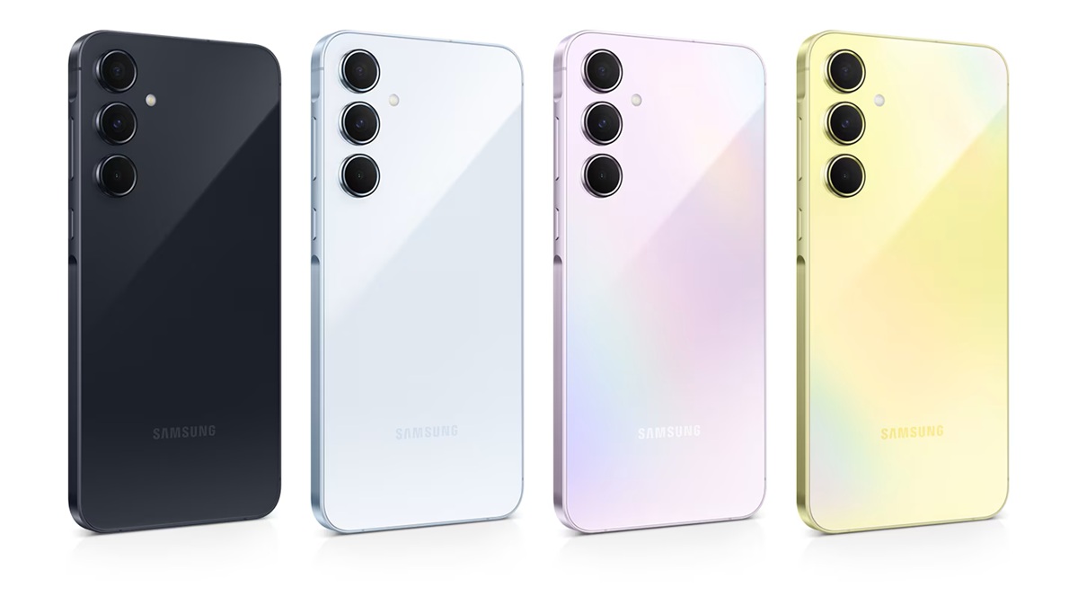 Samsung Galaxy A56 smartphone available in multiple color options with a triple-camera system and sleek design. 