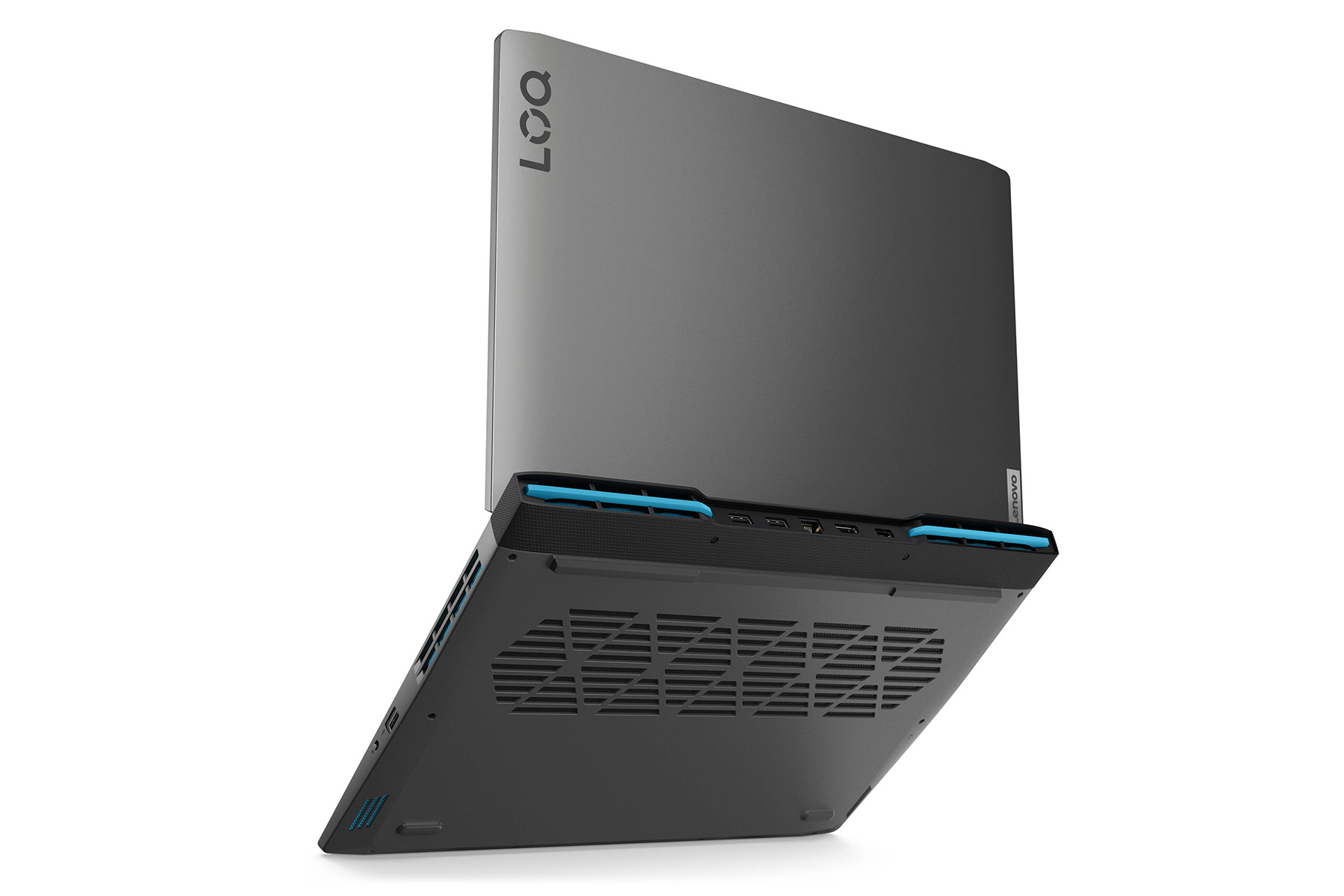 Lenovo LOQ gaming laptop shown from the rear with ventilation grilles and blue accents