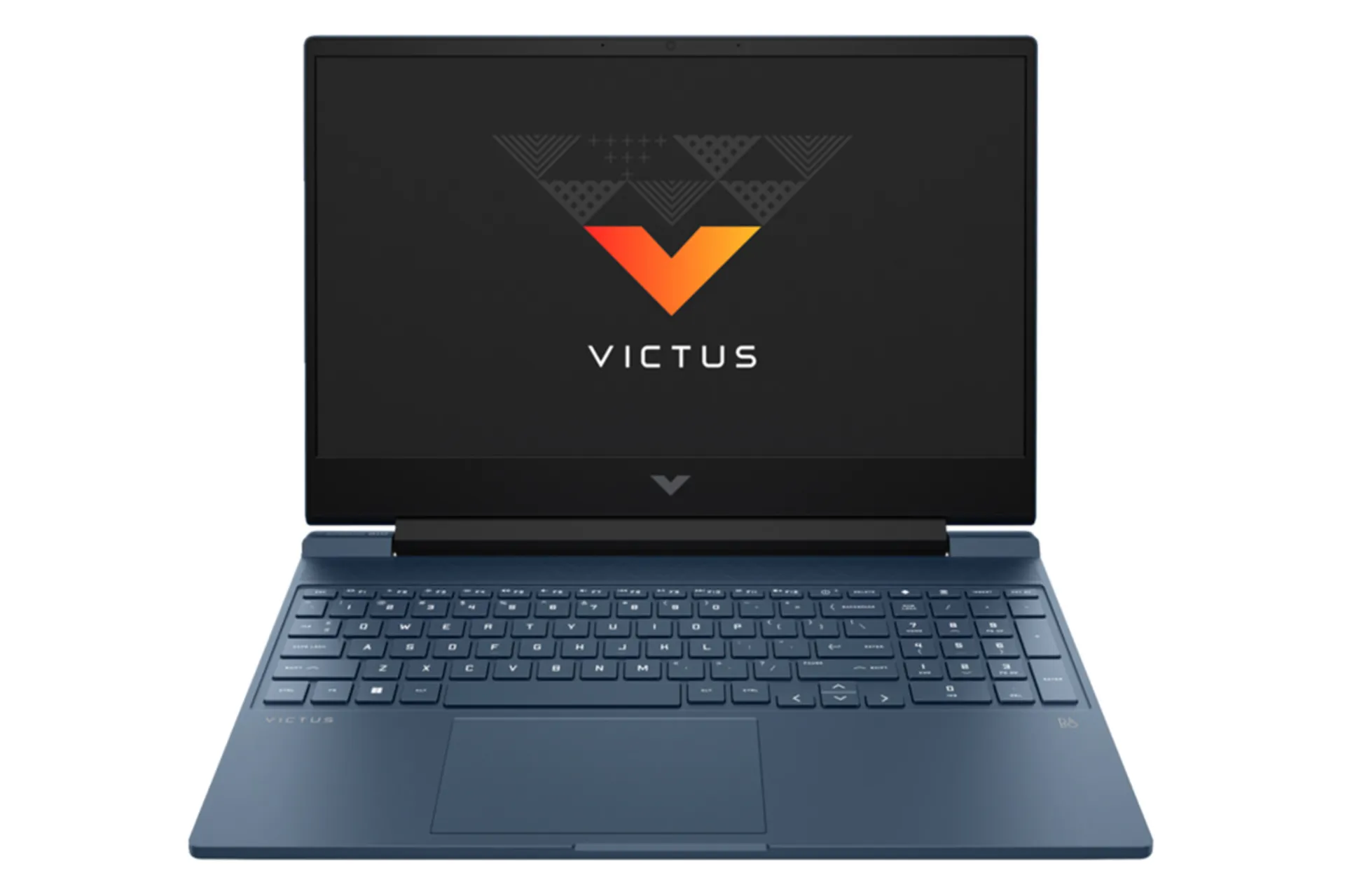 HP Victus gaming laptop with blue chassis and Victus logo displayed on the screen