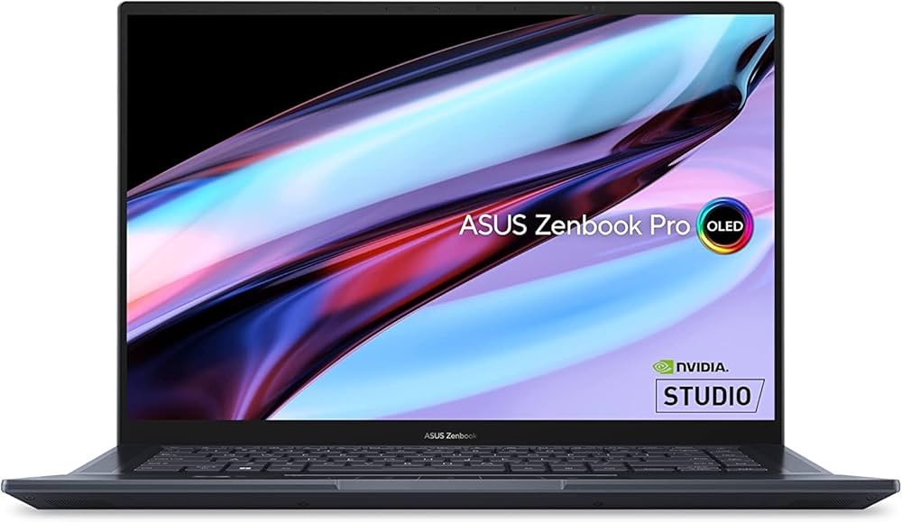 ASUS Zenbook Pro laptop with OLED display showing NVIDIA Studio branding
