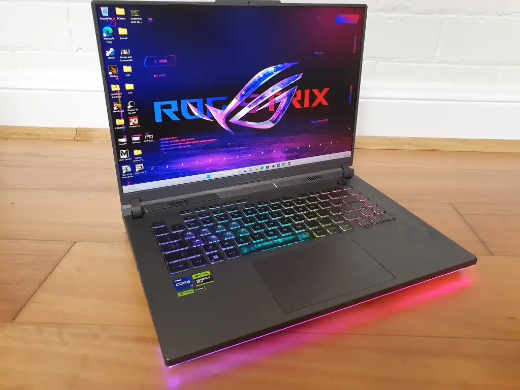 ASUS ROG Strix G16 gaming laptop with RGB keyboard, high-refresh display and premium performance design.