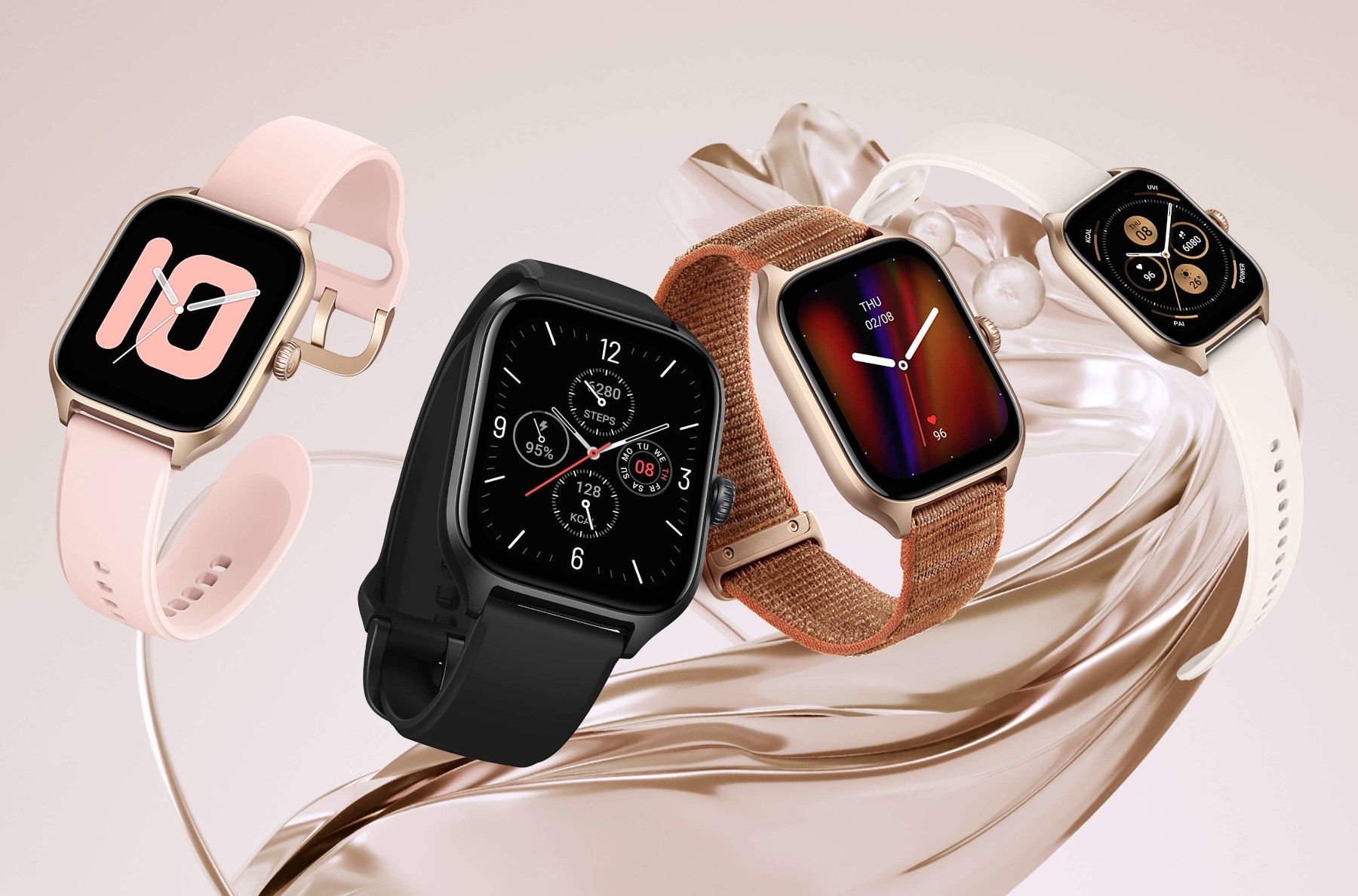 Four rectangular smartwatches with different strap styles and digital displays 