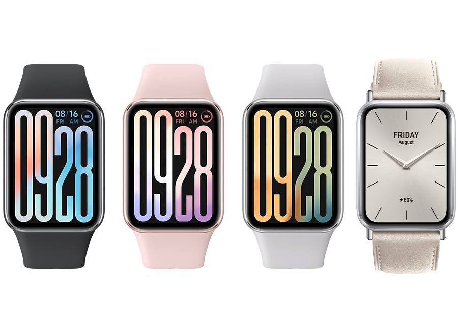 Four rectangular smartwatches in different colors with digital and analog displays 