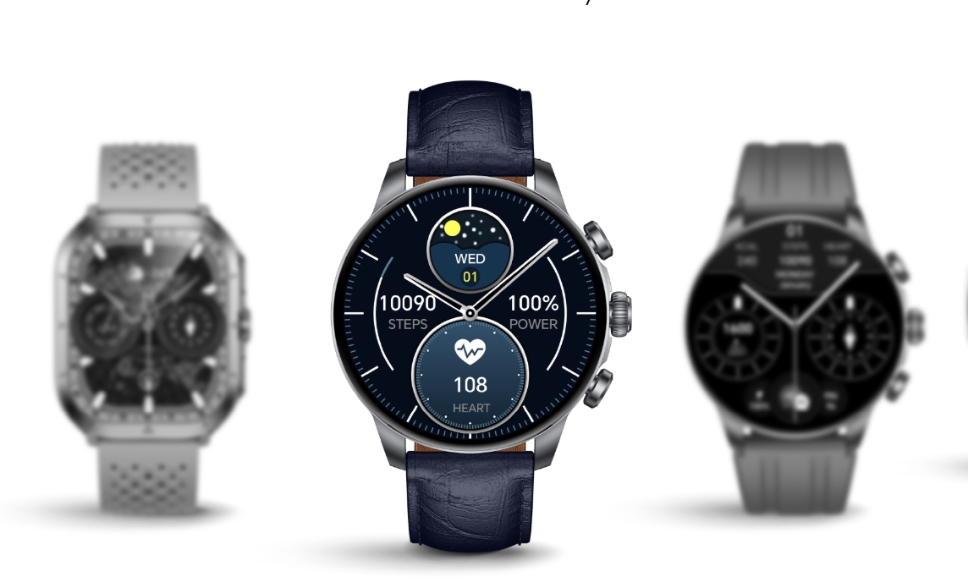 Round smartwatch with leather strap showing steps, heart rate, and battery data, with blurred watches in the background 