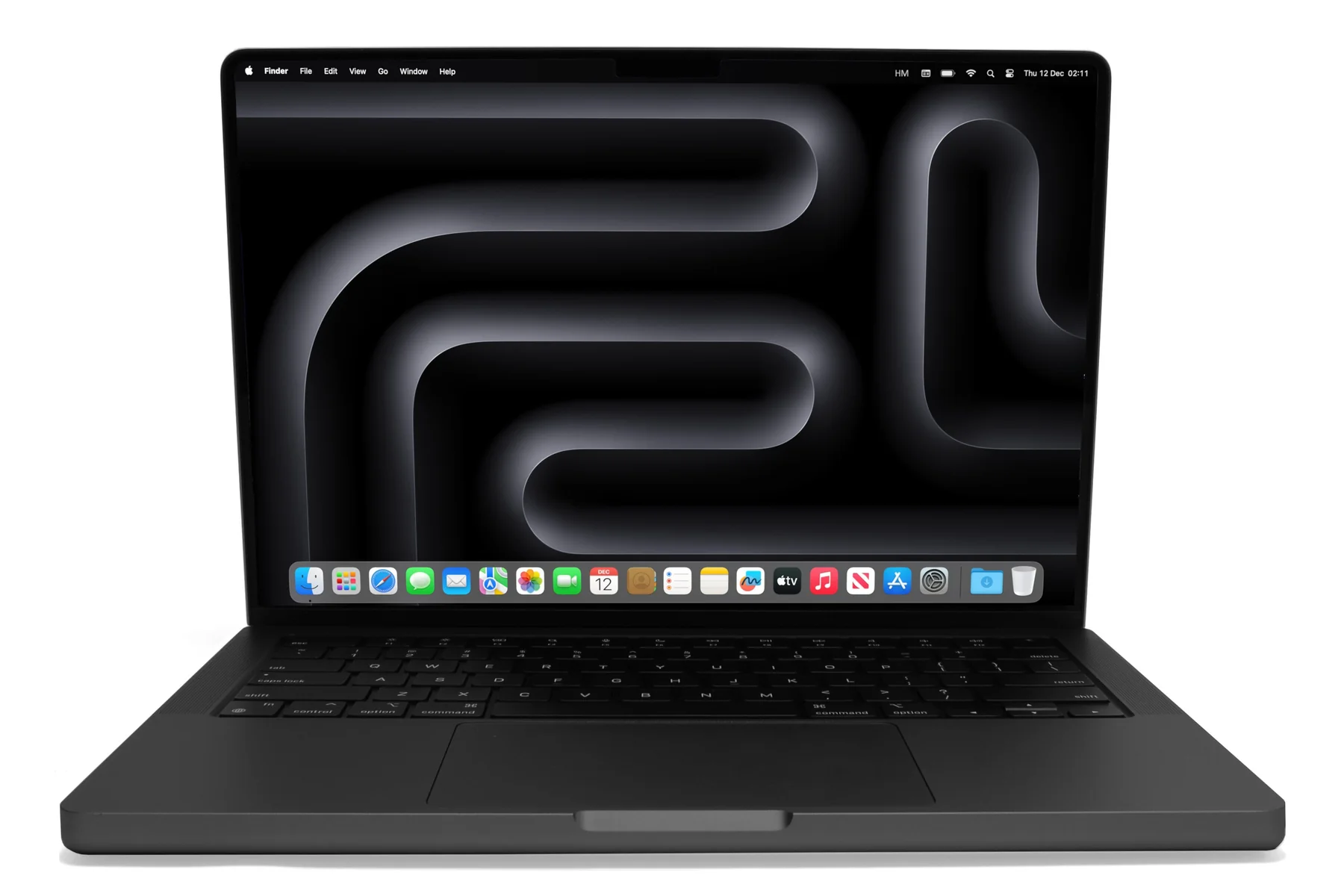 Black Apple MacBook Pro laptop open with macOS display on white background