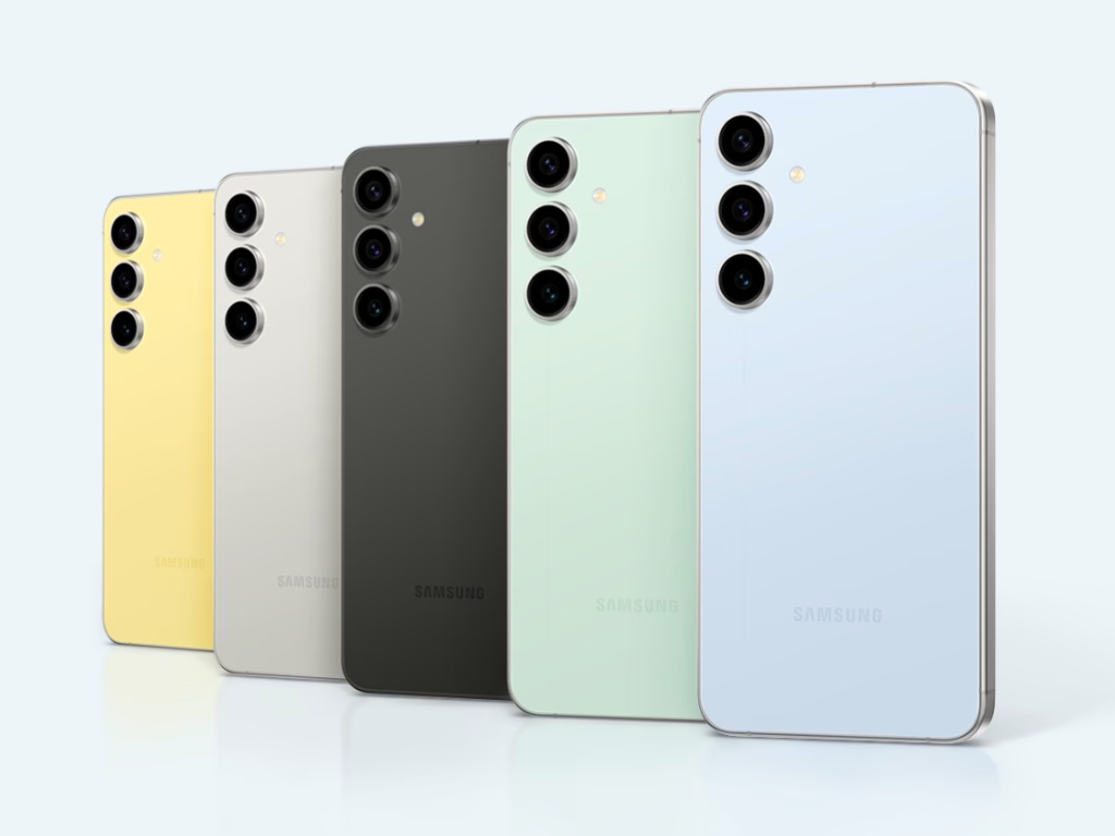Samsung Galaxy A56 available in multiple color options including yellow, gray, black, mint, and light blue. 
