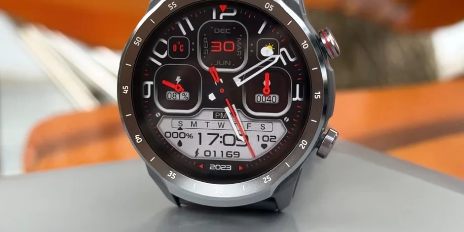 Rugged round smartwatch with detailed digital watch face and activity metrics 