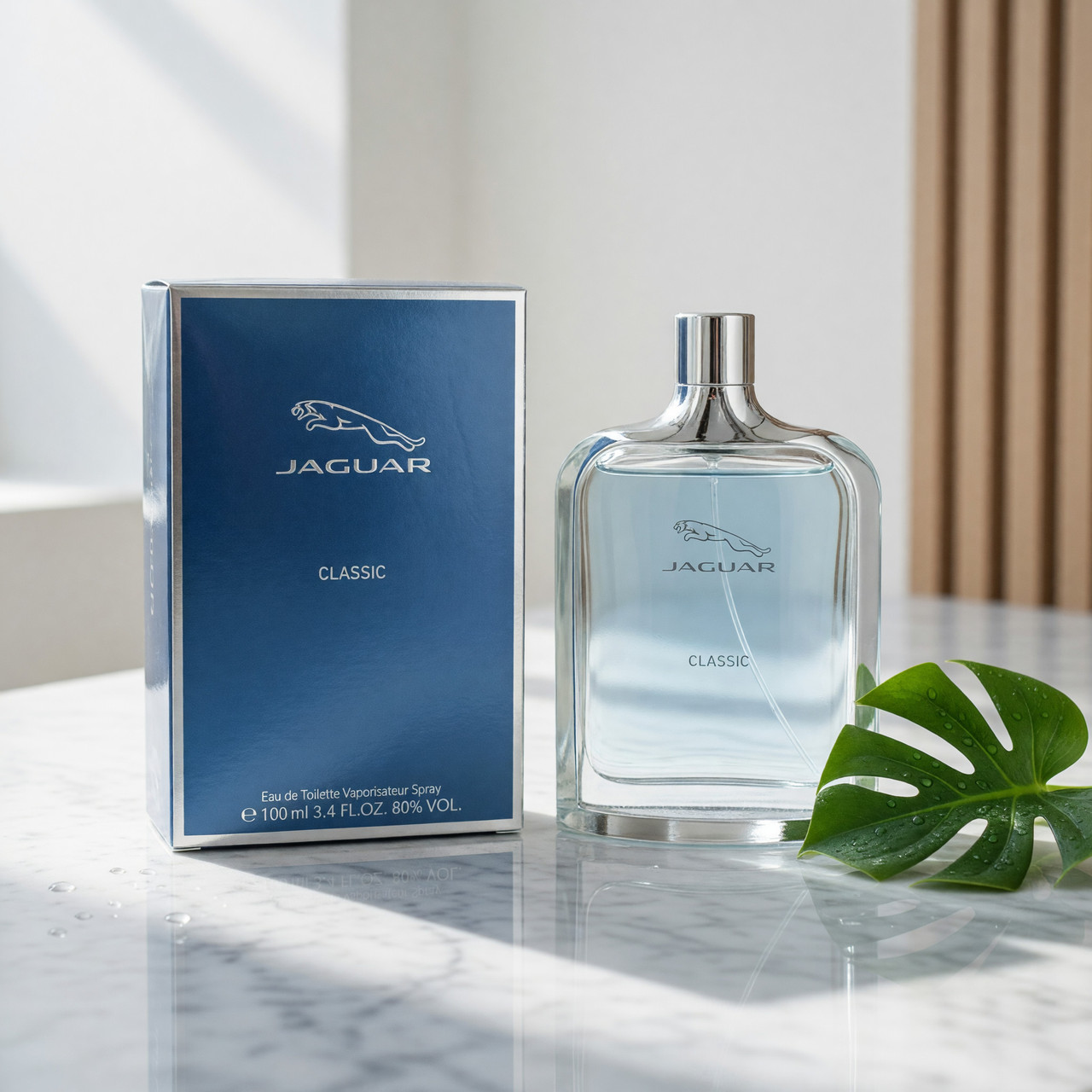 Jaguar Classic Eau de Toilette perfume bottle and box with fresh masculine fragrance design. 