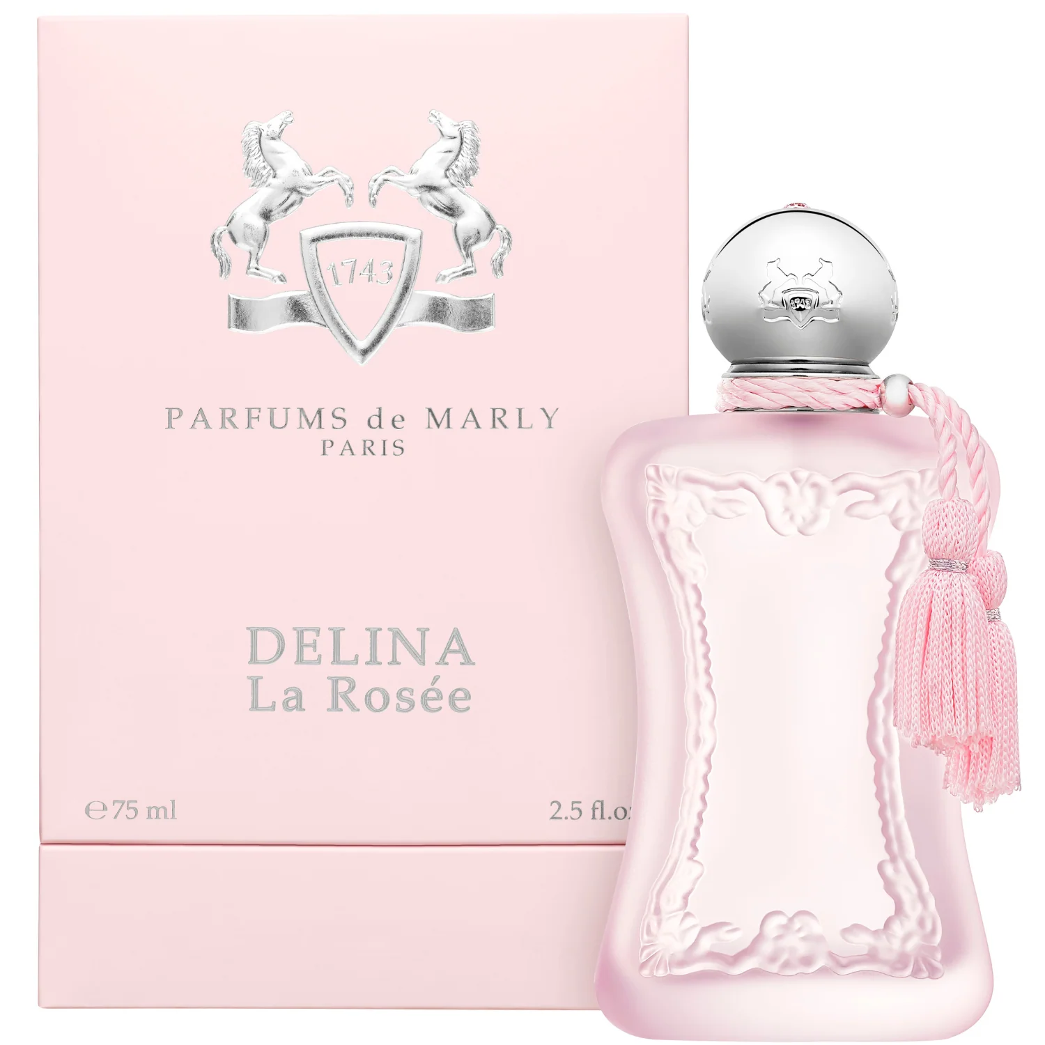 Parfums de Marly Delina La Rosée perfume bottle with pink box on a white background
