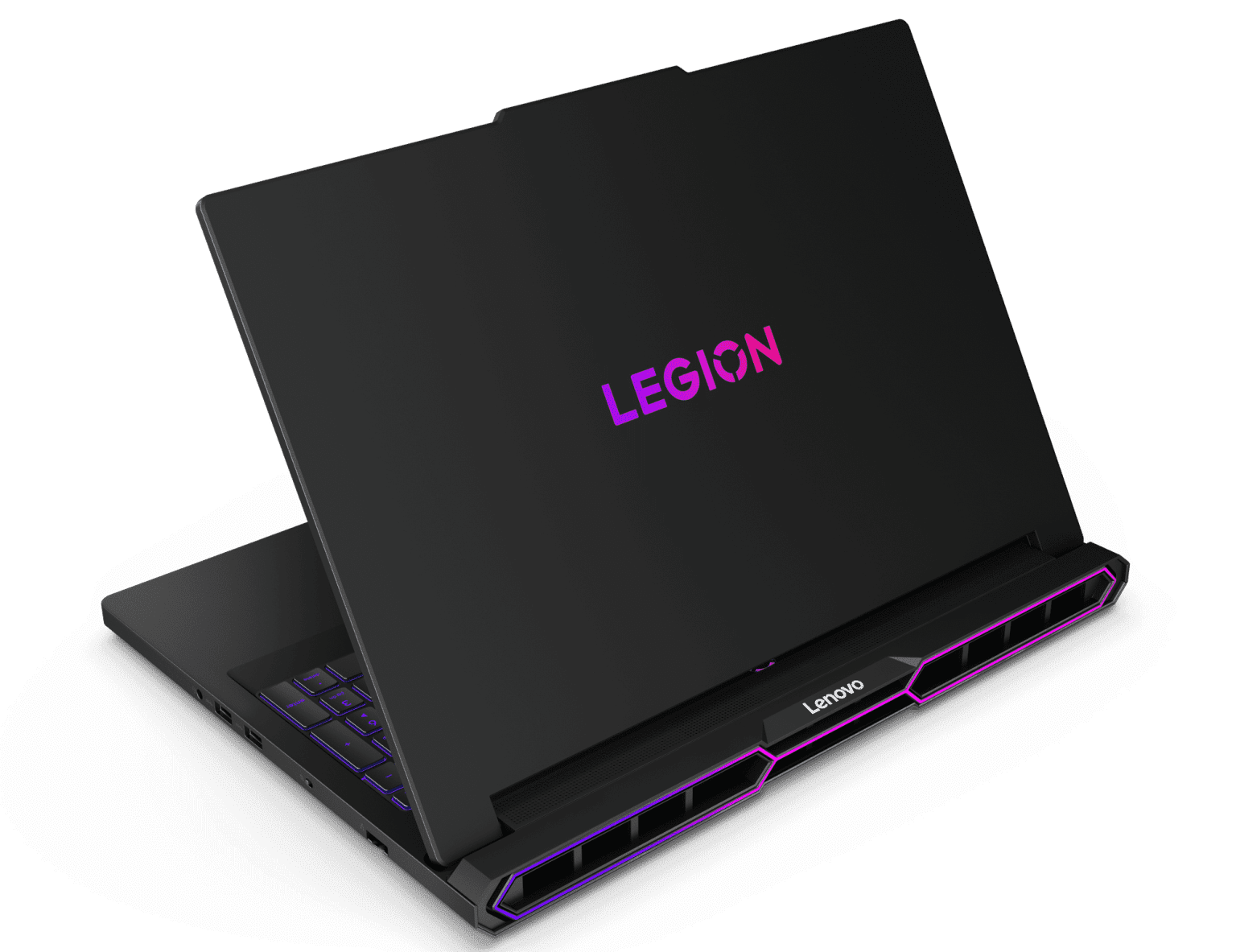 Black Lenovo Legion gaming laptop with purple accents and rear ventilation design