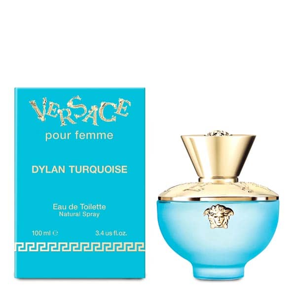 Versace Dylan Turquoise perfume bottle with matching turquoise box on a white background
