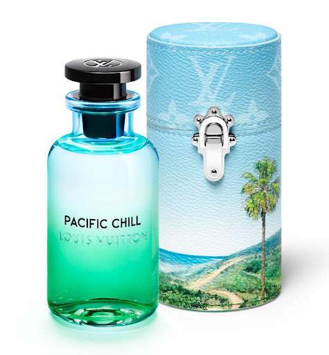 Louis Vuitton Pacific Chill perfume bottle with decorative travel case on a white background
