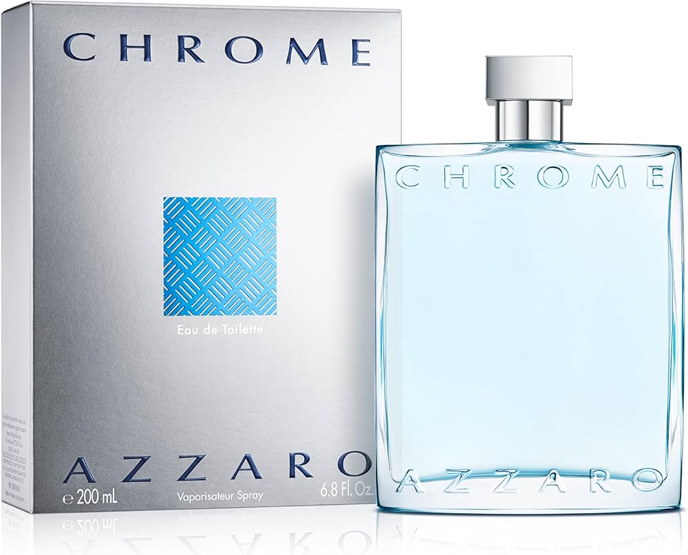 Azzaro Chrome Eau de Toilette perfume bottle and box with fresh citrus aquatic men's fragrance. 