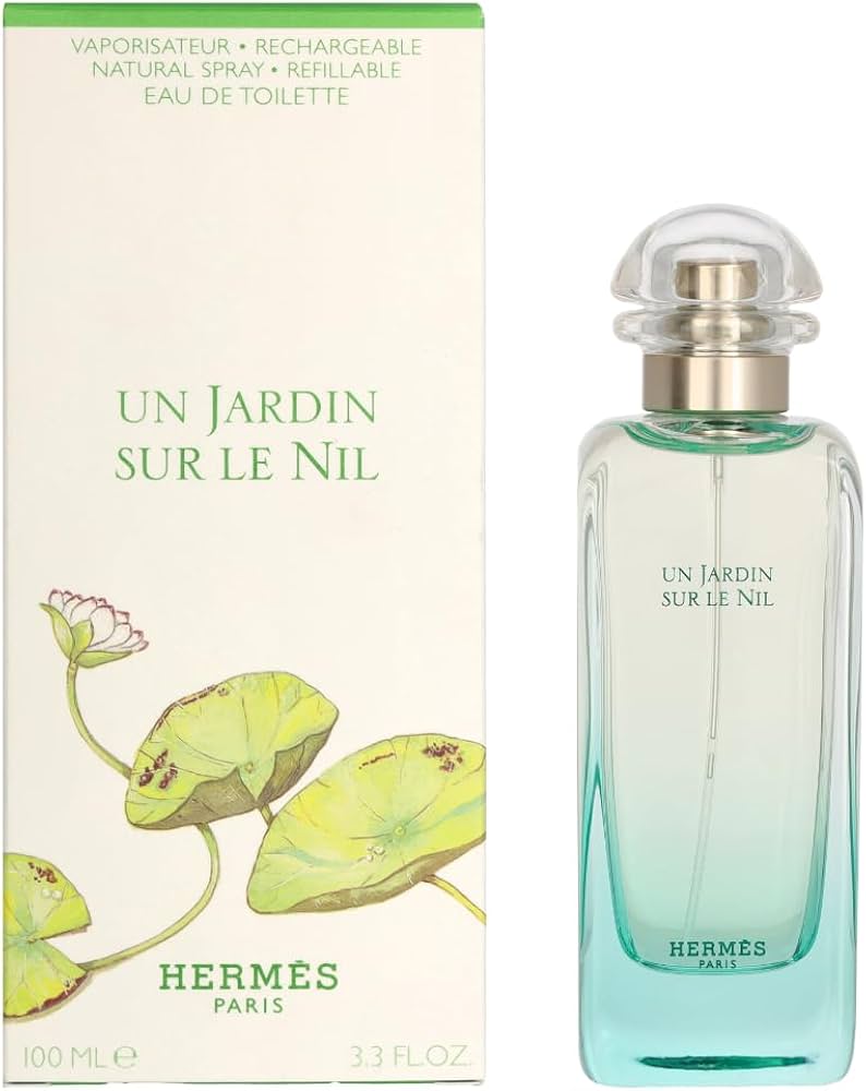 Hermès Un Jardin Sur Le Nil perfume bottle with matching illustrated box on a white background
