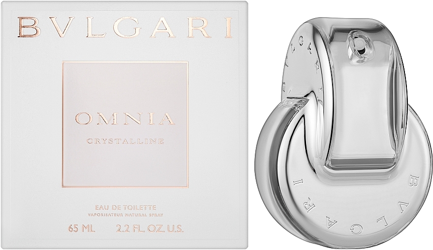 Bvlgari Omnia Crystalline perfume bottle with matching white packaging on a white background
