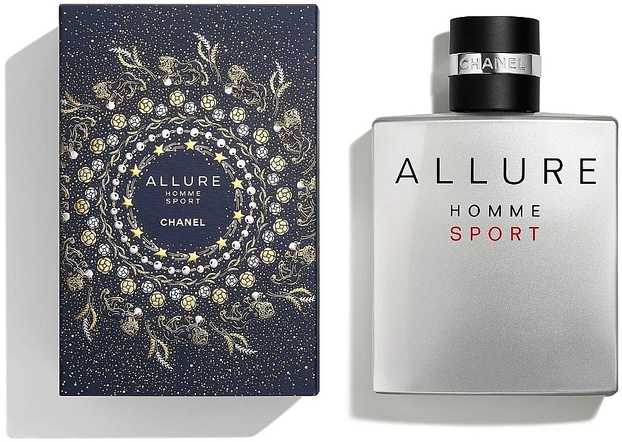 Chanel Allure Homme Sport Eau de Toilette bottle and packaging with fresh sporty citrus fragrance design. 