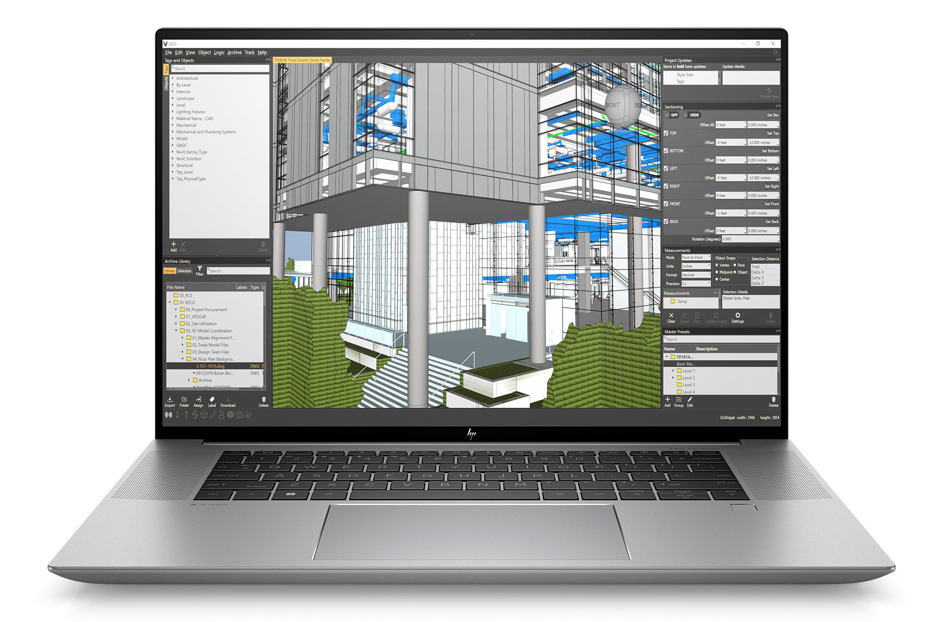 HP ZBook laptop displaying 3D architectural design and CAD modeling software