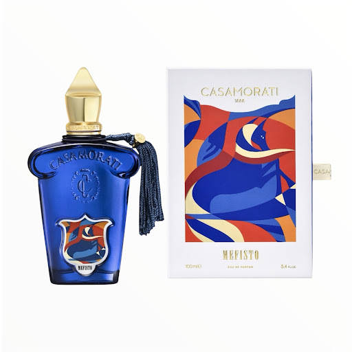 Casamorati Mefisto Eau de Parfum bottle and box with elegant citrus aromatic luxury fragrance design. 