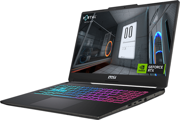 MSI Cyborg gaming laptop with RGB keyboard, RTX graphics and lightweight design for modern gaming.