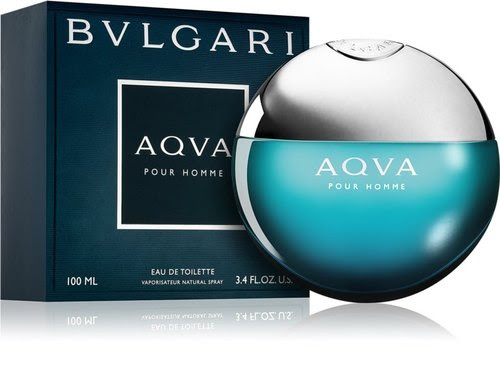Bvlgari Aqva Pour Homme Eau de Toilette bottle and box with fresh marine aquatic men's fragrance. 