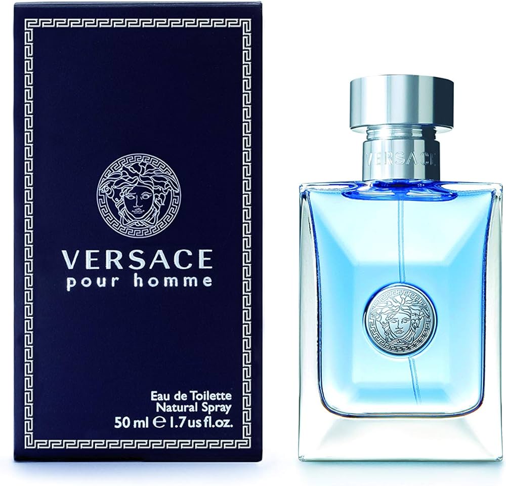 Versace Pour Homme Eau de Toilette bottle and box with fresh Mediterranean citrus aromatic fragrance. 