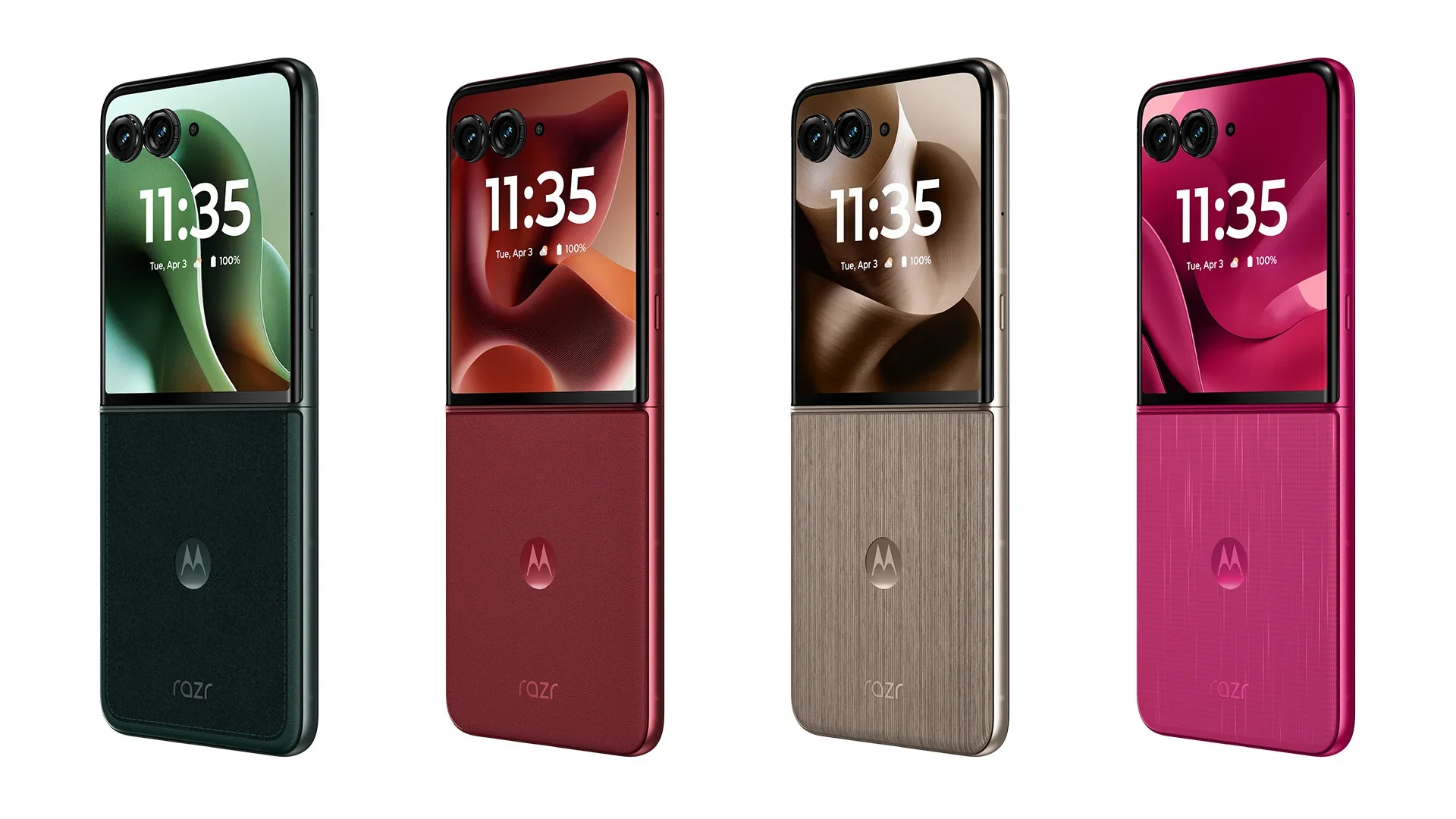 Motorola Razr foldable smartphone lineup in green, red, gold and pink colors with large external displays and dual-camera system. 