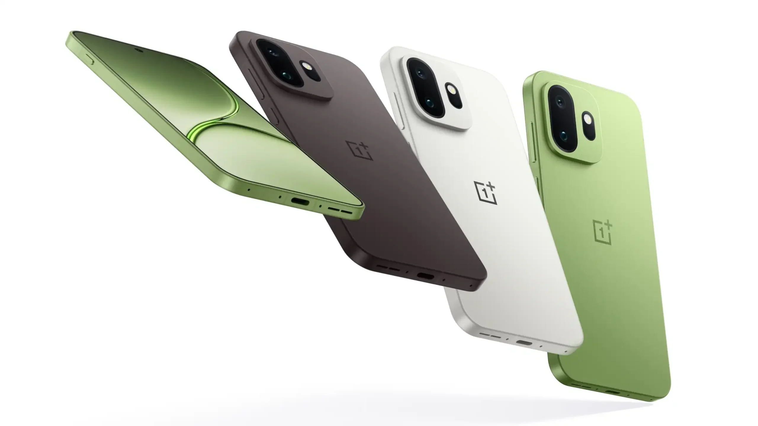 OnePlus smartphone lineup in green, black and white colors showcasing slim design, dual rear cameras and modern flat-edge construction. 