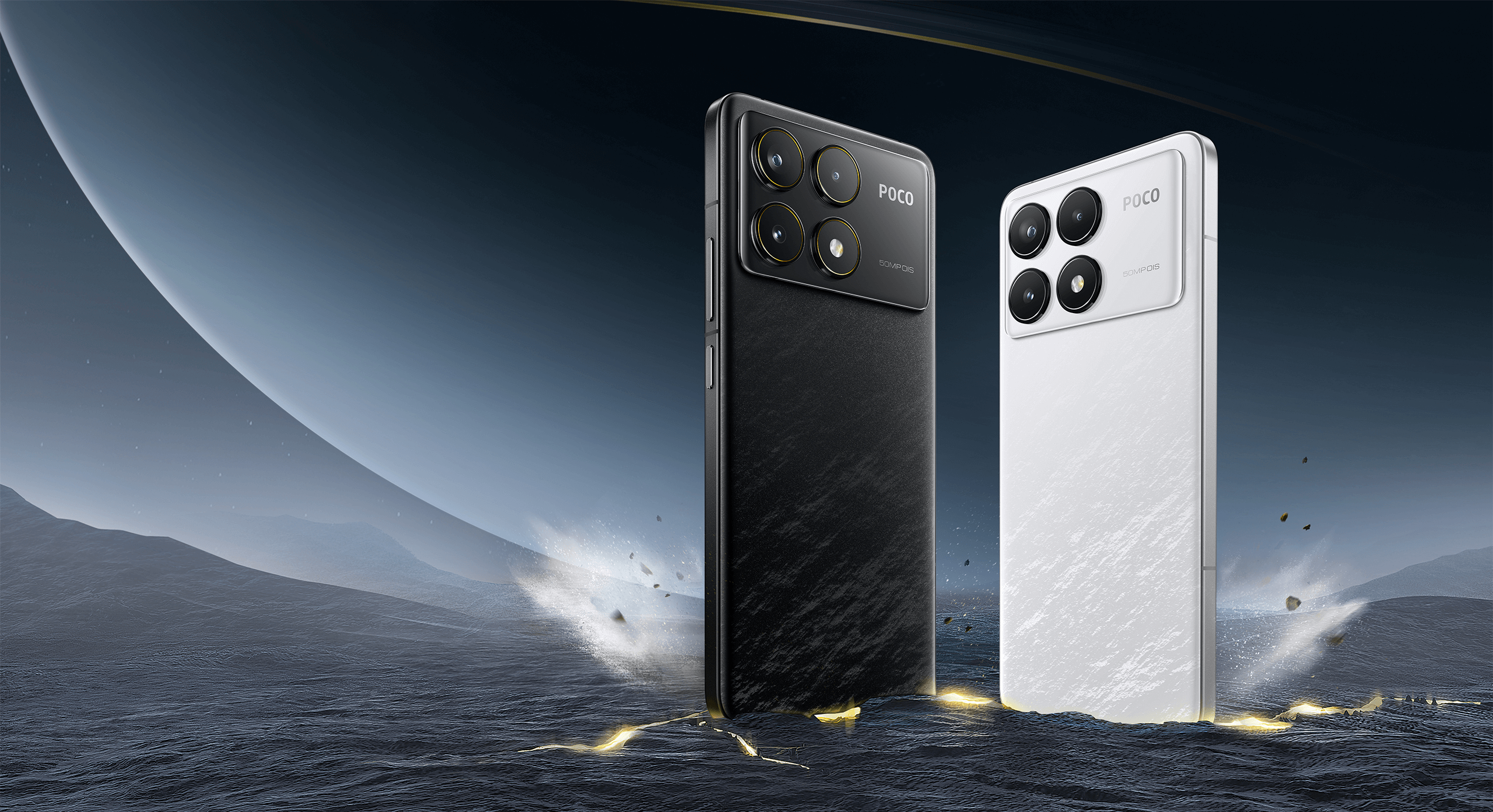 POCO flagship smartphones in black and white color variants, featuring a quad-camera design, premium textured finish, and high-performance mobile photography capabilities.