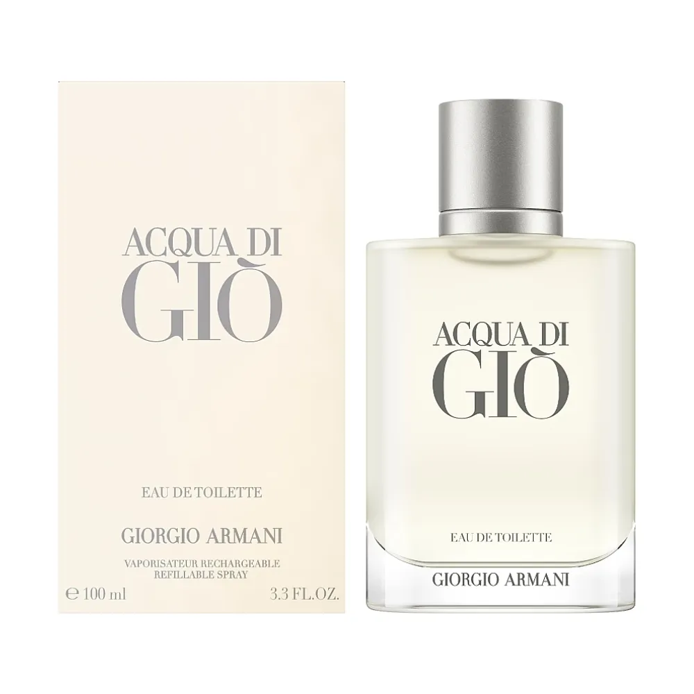 Acqua di Giò Eau de Toilette bottle with matching Giorgio Armani packaging on a white background. 