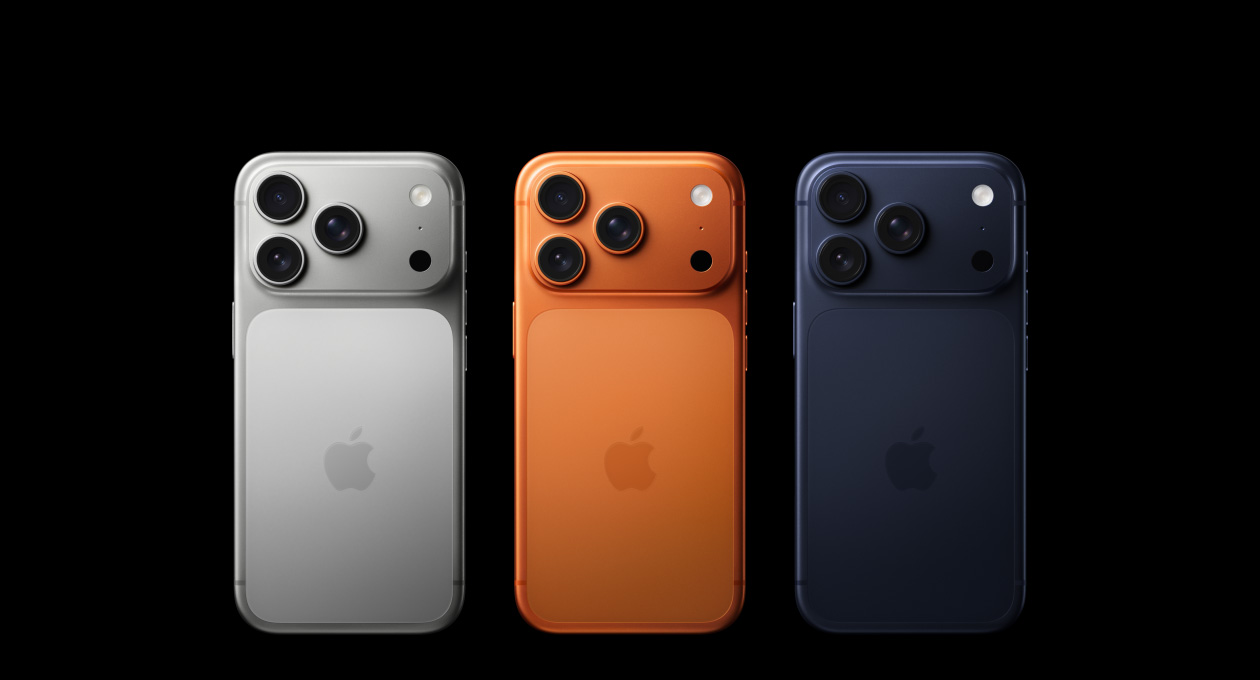 iPhone 17 promax color options featuring silver, orange, and dark blue finishes.