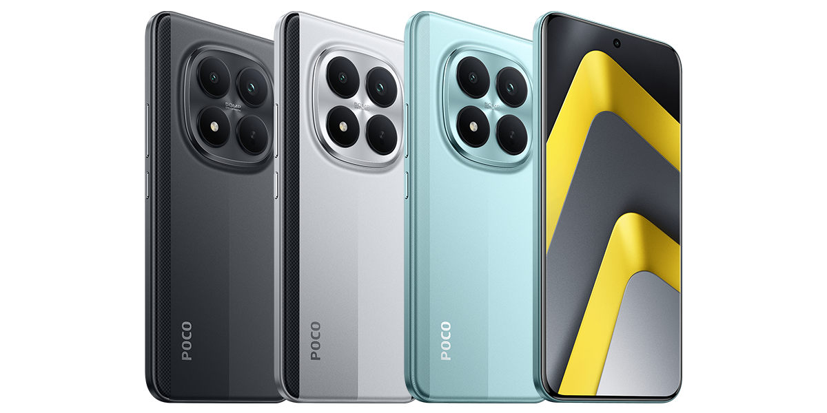 POCO smartphone series in black, silver and mint colors featuring a quad-camera design and edge-to-edge display. 